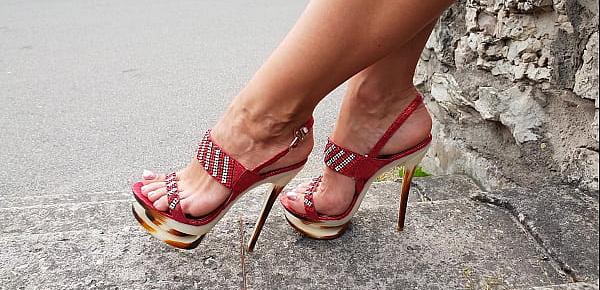  Sexy lady with awesome feet with high heels red sandals